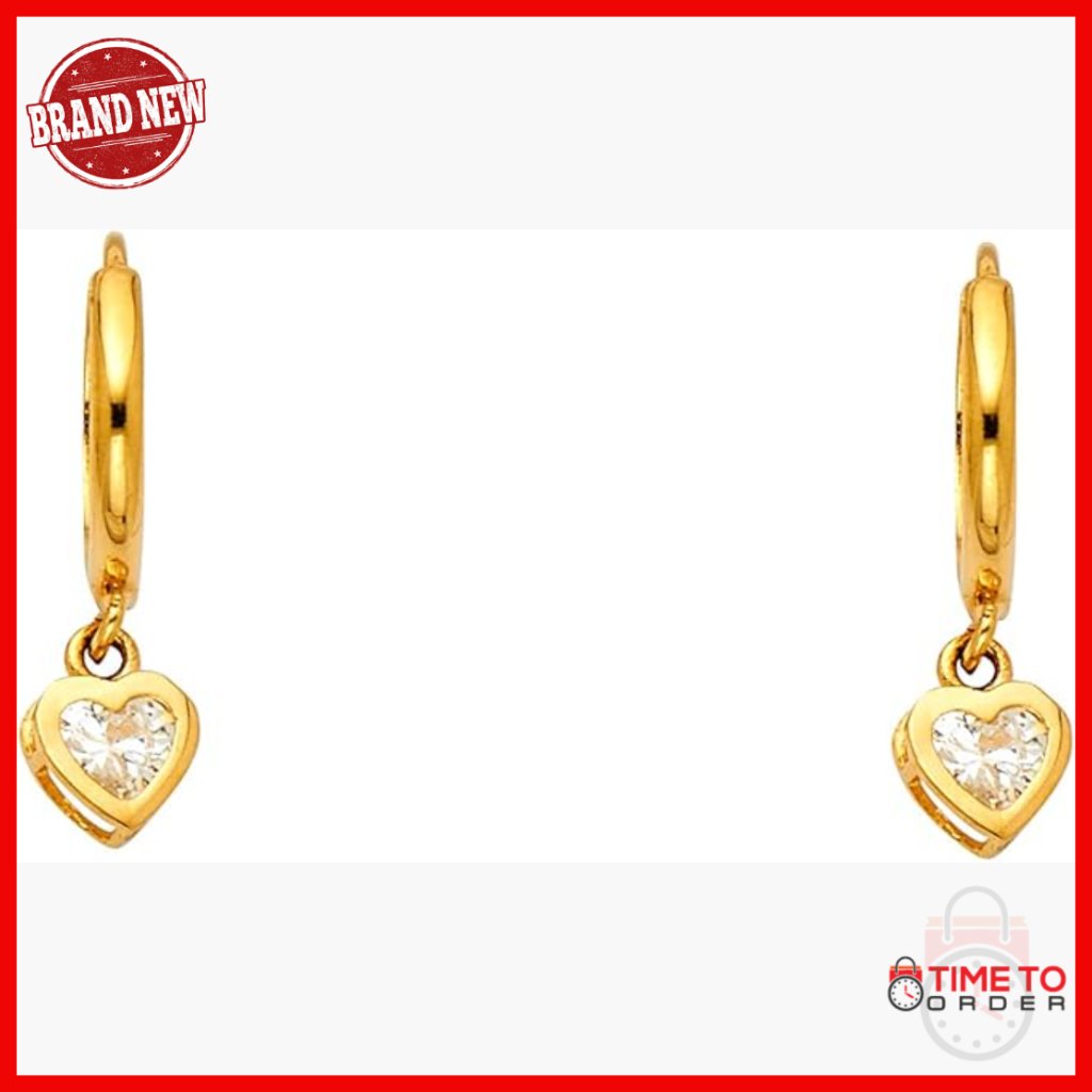 14k Yellow Gold Heart Huggie Dangle Earrings 22mm